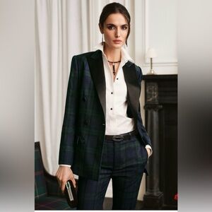 Lauren Ralph Lauren Green Navy Plaid Blazer Black Satin Trim Holiday Preppy 20W